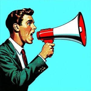 man speaking through a megaphone