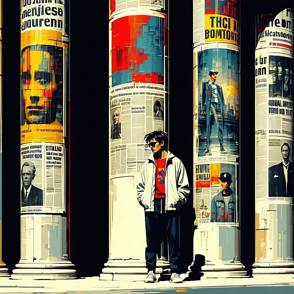 man standing in front of a column covered with avantgarde posters