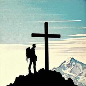 Pop Art image of a man standing on the summit of a mountain next to a summit cross-2