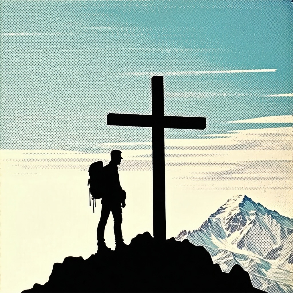 Pop Art image of a man standing on the summit of a mountain next to a summit cross-2