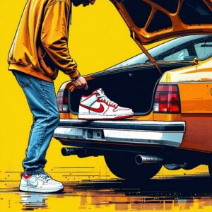 Pop Art image of a man taking a pair of Nike sneakers out of the trunk of a 1970s car