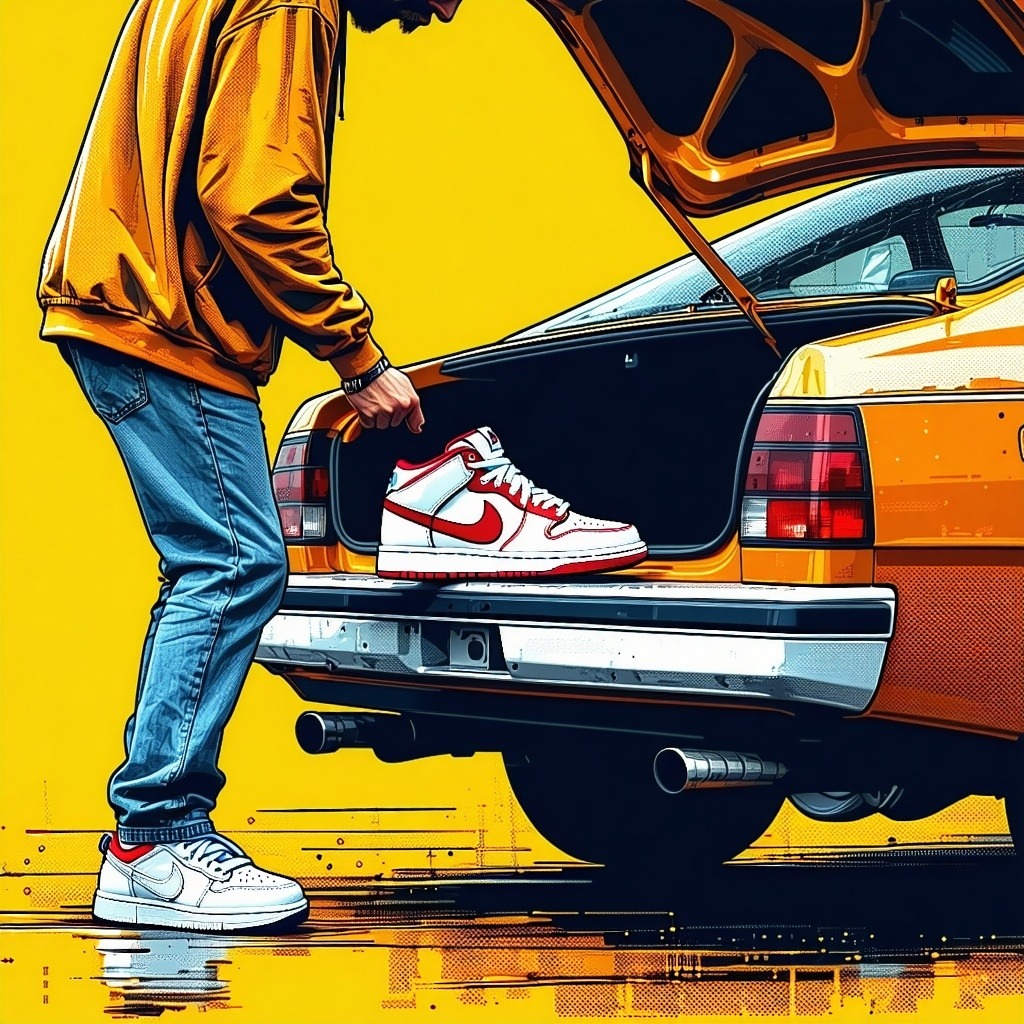 Pop Art image of a man taking a pair of Nike sneakers out of the trunk of a 1970s car