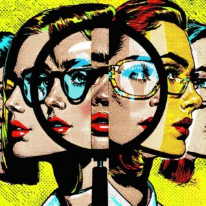 Pop Art image showing a group of people with one of the people enlarged through a magnifying glass-1
