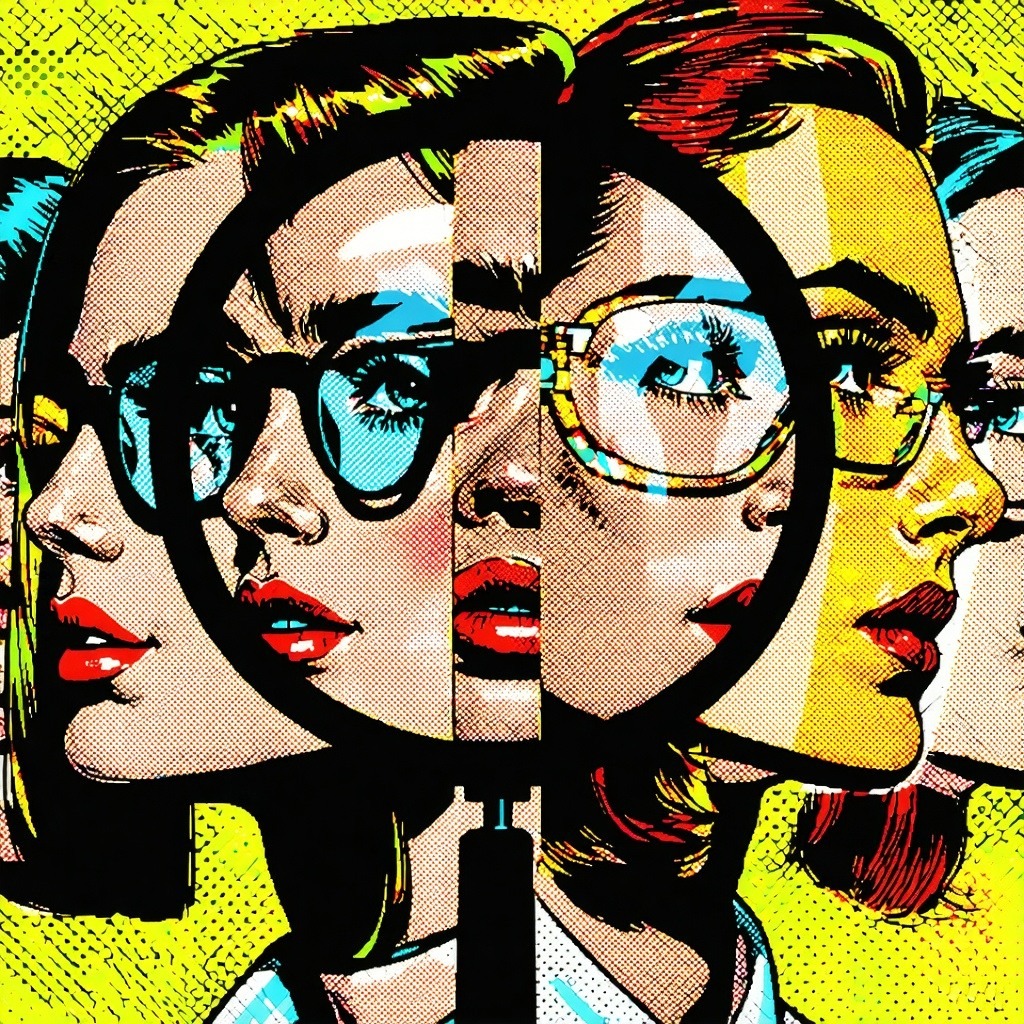 Pop Art image showing a group of people with one of the people enlarged through a magnifying glass-1