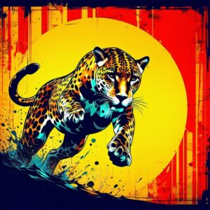 Pop Art style image featuring a Jaguar leaping from the side variant