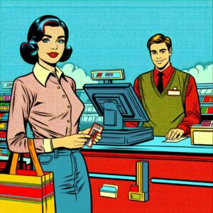 Ein Pop Art Bild im Seitenverhältnis 11, auf dem eine Frau in einem Geschäft an der Kasse steht. Ih (1)