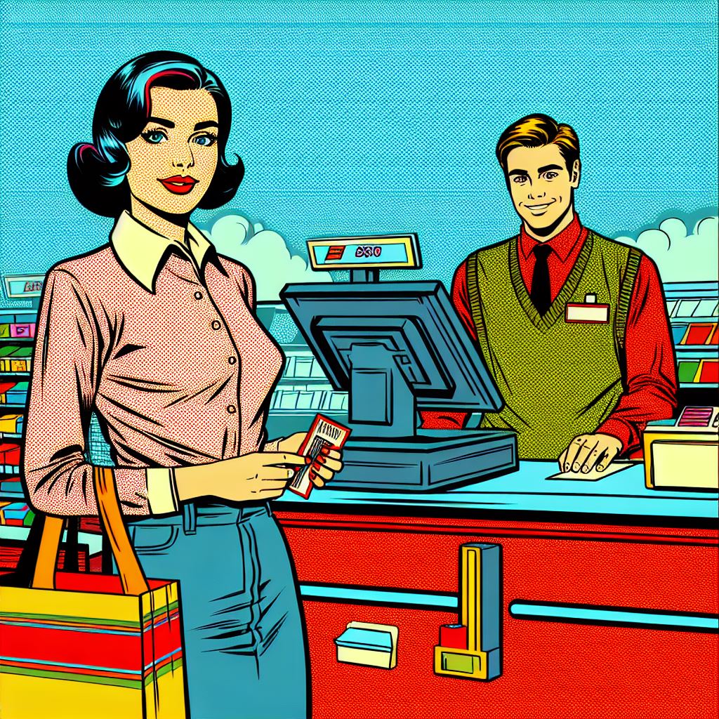 Ein Pop Art Bild im Seitenverhältnis 11, auf dem eine Frau in einem Geschäft an der Kasse steht. Ih (1)