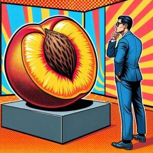 Ein riesiger Pfirsichkern in einem Museum auf einem Sockel, mit einem Mann, der ihn sich neugierig a