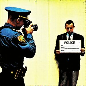 Pop Art image depicting a criminal being photographed at the police station showing the police officer with a camera and the criminal standing in front of a wall holding a nameplate