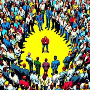 Pop Art image from a birdseye view perspective of a large group of people standing a little apart around a single person