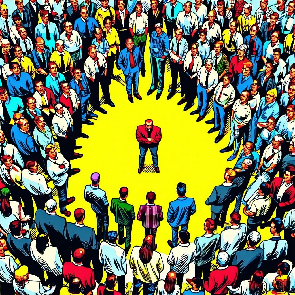 Pop Art image from a birdseye view perspective of a large group of people standing a little apart around a single person