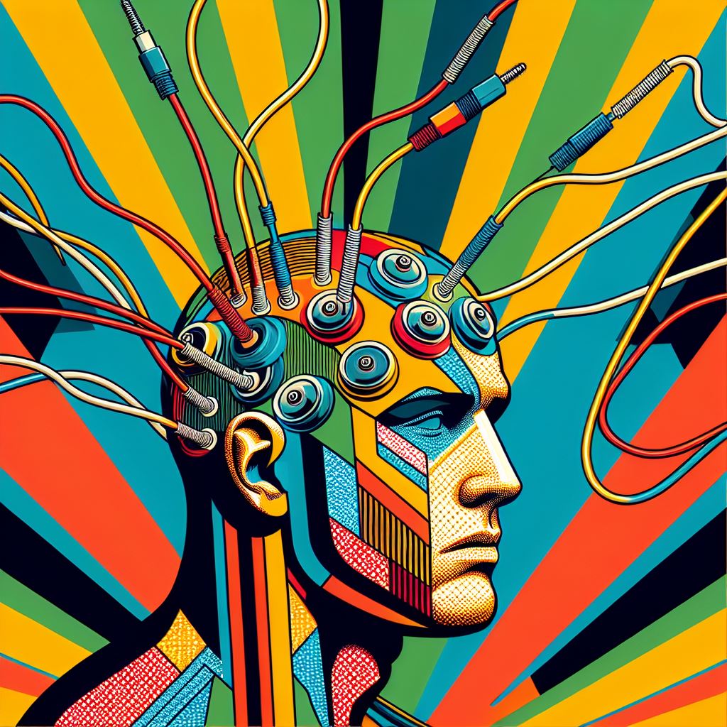 Ein Pop-Art Bild, auf dem der Kopf eines Mannes zu sehen ist, an dem viele Elektroden mit Kabeln bef