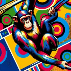 Ein Pop Art Bild eines Schimpansen, der mit einem Arm an einem Ast hängt, in lebhaften Farben und mi