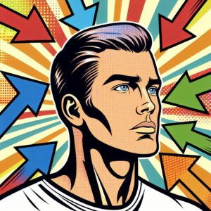 Ein Pop-Art Bild mit dem Kopf eines Mannes, umgeben von 5 Pfeilen, die auf den Kopf zeigen