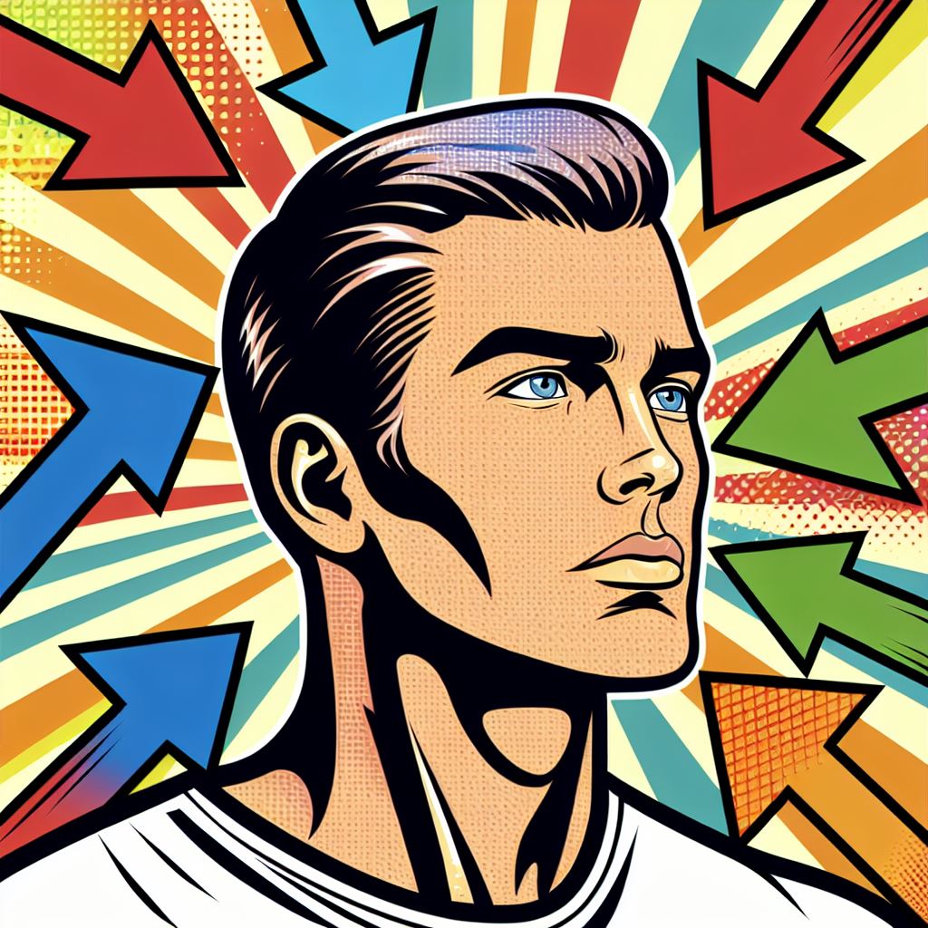 Ein Pop-Art Bild mit dem Kopf eines Mannes, umgeben von 5 Pfeilen, die auf den Kopf zeigen