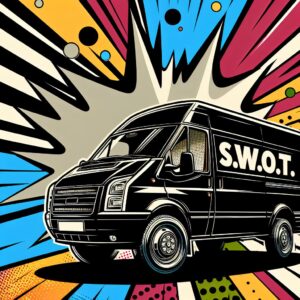Ein Pop-Art-Stil Bild eines schwarzen Lieferwagens mit dem Schriftzug 'S.W.O.T.' in großen, auffälli