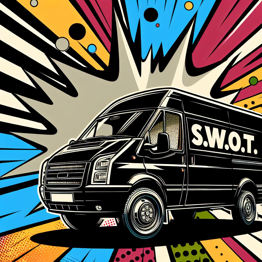 Ein Pop-Art-Stil Bild eines schwarzen Lieferwagens mit dem Schriftzug 'S.W.O.T.' in großen, auffälli