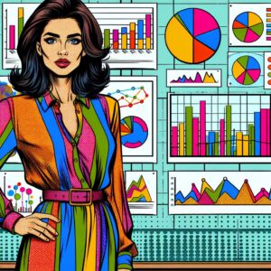 Eine Frau im Pop-Art Stil, die vor einem Whiteboard mit Grafiken steht