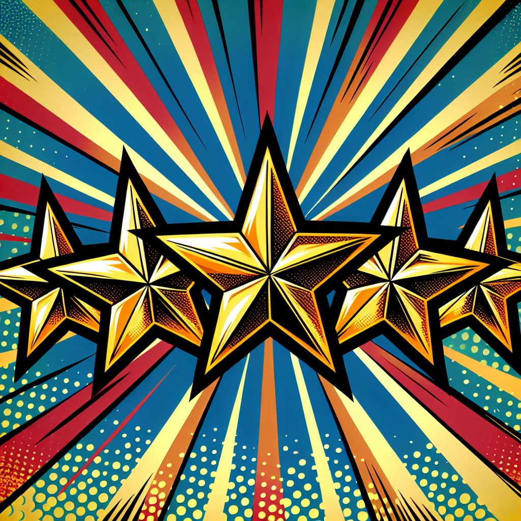 Pop-Art Bild mit den 5 golden glänzenden neben einander georneten Sternen, die lebendig und dynamisc