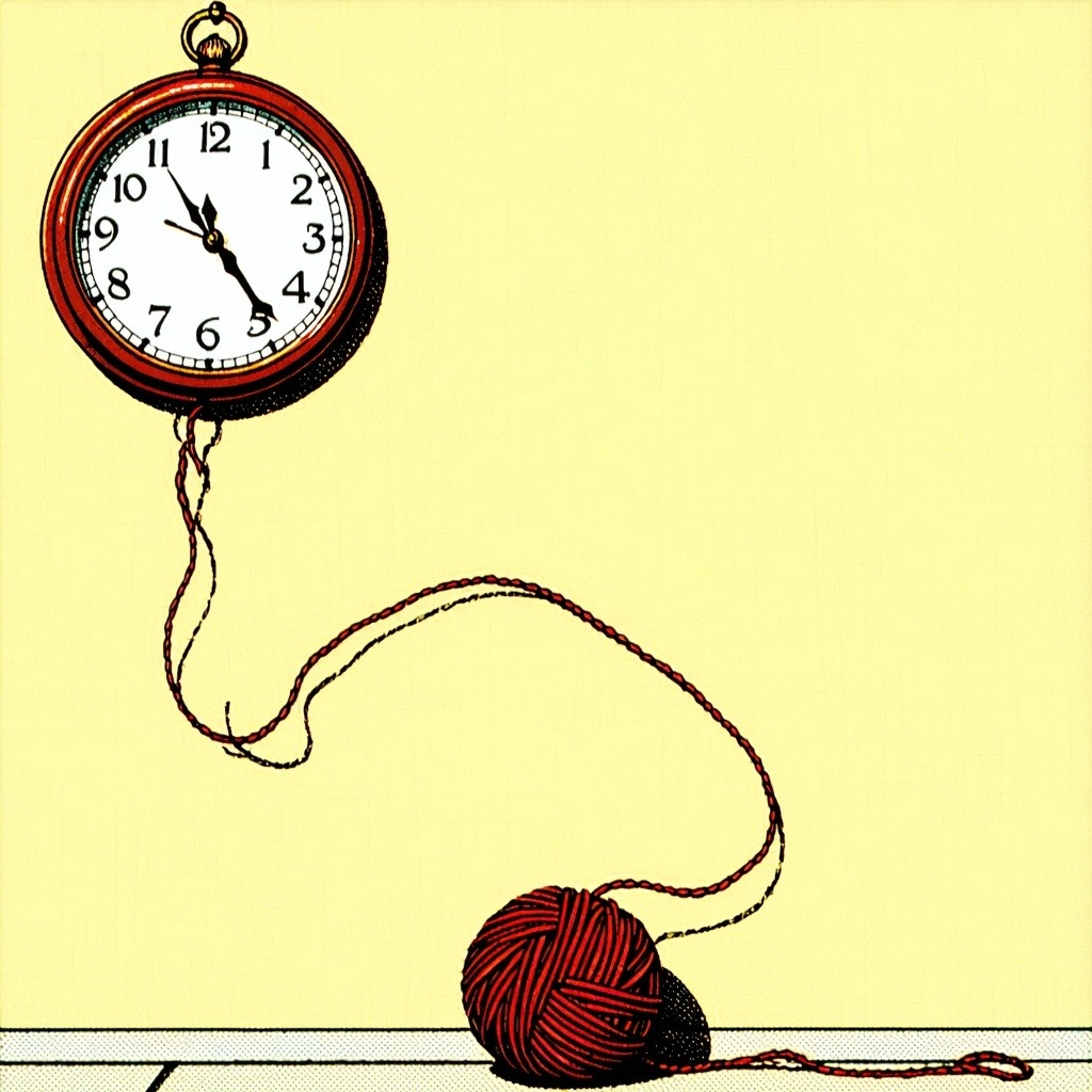 Pop Art image depicting a red yarn ball with a thread unwinding from it forming a clock on a wall-1