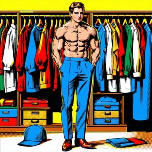 Pop Art image featuring a man with an exposed upper body wearing suit pants and shoes standing in front of a wardrobe full of colorful shirts without a jacket