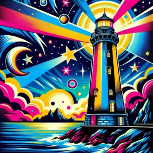 Ein Leuchtturm im Pop-Art-Stil, mit lebendigen Farben und auffälligen Mustern, in einer anderen Vari
