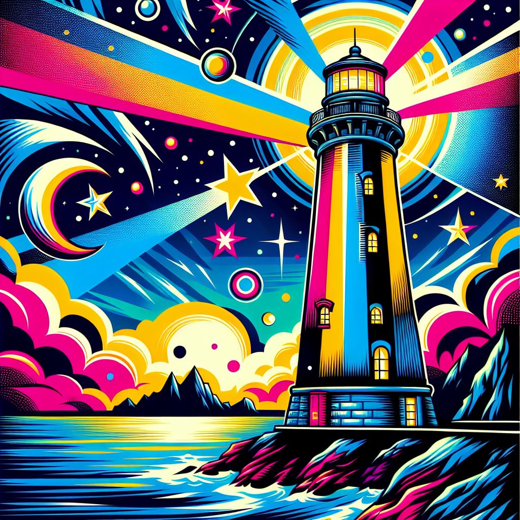 Ein Leuchtturm im Pop-Art-Stil, mit lebendigen Farben und auffälligen Mustern, in einer anderen Vari