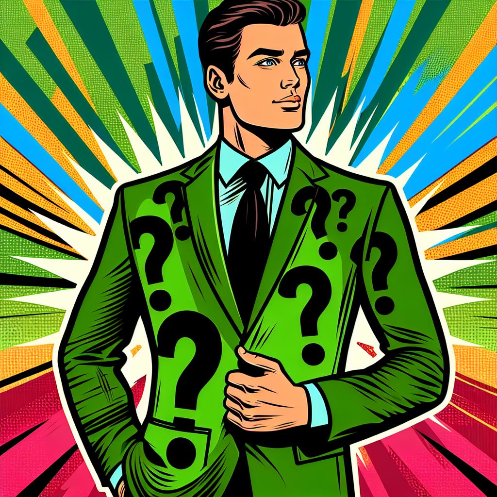 Ein Mann im pop-Art-Stil, in einem grünen Anzug mit schwarzen Fragezeichen nur auf dem Anzug, mit ei (1)