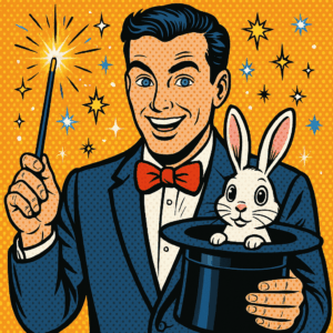 Ein Pop-Art Bild eines Zauberers ohne Hut, der in einer Hand einen Zylinder (Hut) vor sich hält, aus