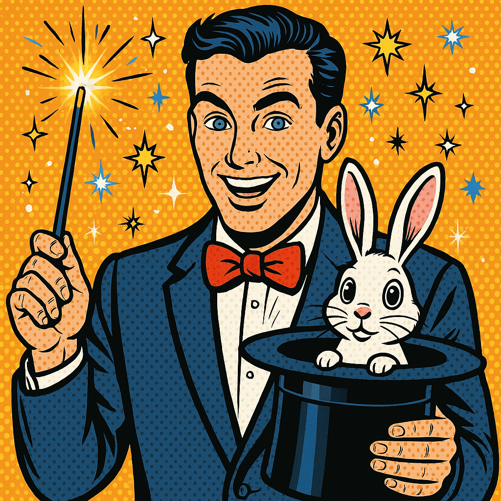 Ein Pop-Art Bild eines Zauberers ohne Hut, der in einer Hand einen Zylinder (Hut) vor sich hält, aus