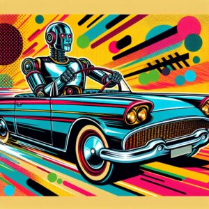 Ein Roboter am Steuer eines Autos aus den 60er Jahren im Pop-Art-Stil, mit lebhaften Farben und dyna