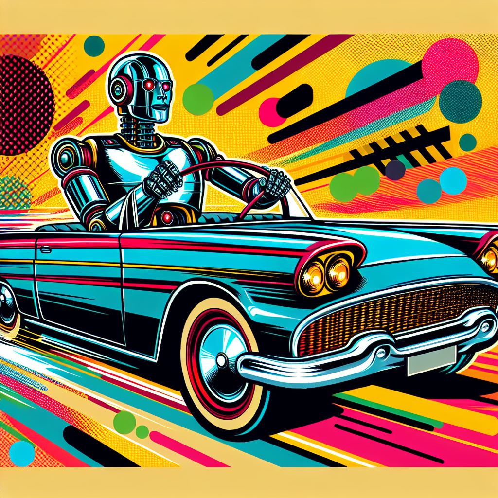 Ein Roboter am Steuer eines Autos aus den 60er Jahren im Pop-Art-Stil, mit lebhaften Farben und dyna