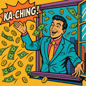 Pop art illustration of a man in a colorful suit standing by an open window, joyfully throwing gold