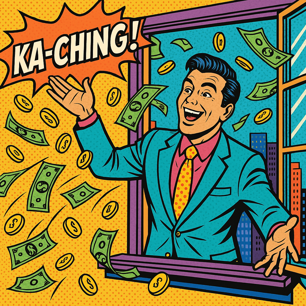 Pop art illustration of a man in a colorful suit standing by an open window, joyfully throwing gold