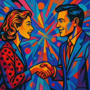 Ein Pop-Art-Bild von einer Frau und einem Mann, die sich zur Begrüßung die Hände reichen, mit lebhaf
