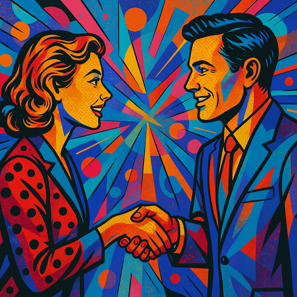 Ein Pop-Art-Bild von einer Frau und einem Mann, die sich zur Begrüßung die Hände reichen, mit lebhaf