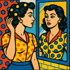 Eine Frau, die vor einem Spiegel steht, im Pop-Art-Stil, mit kräftigen Farben und kontrastreichen Mu