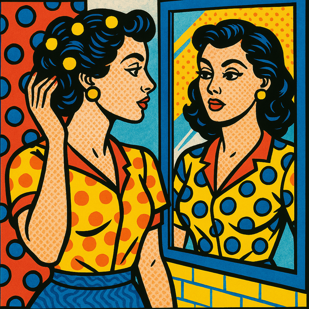 Eine Frau, die vor einem Spiegel steht, im Pop-Art-Stil, mit kräftigen Farben und kontrastreichen Mu